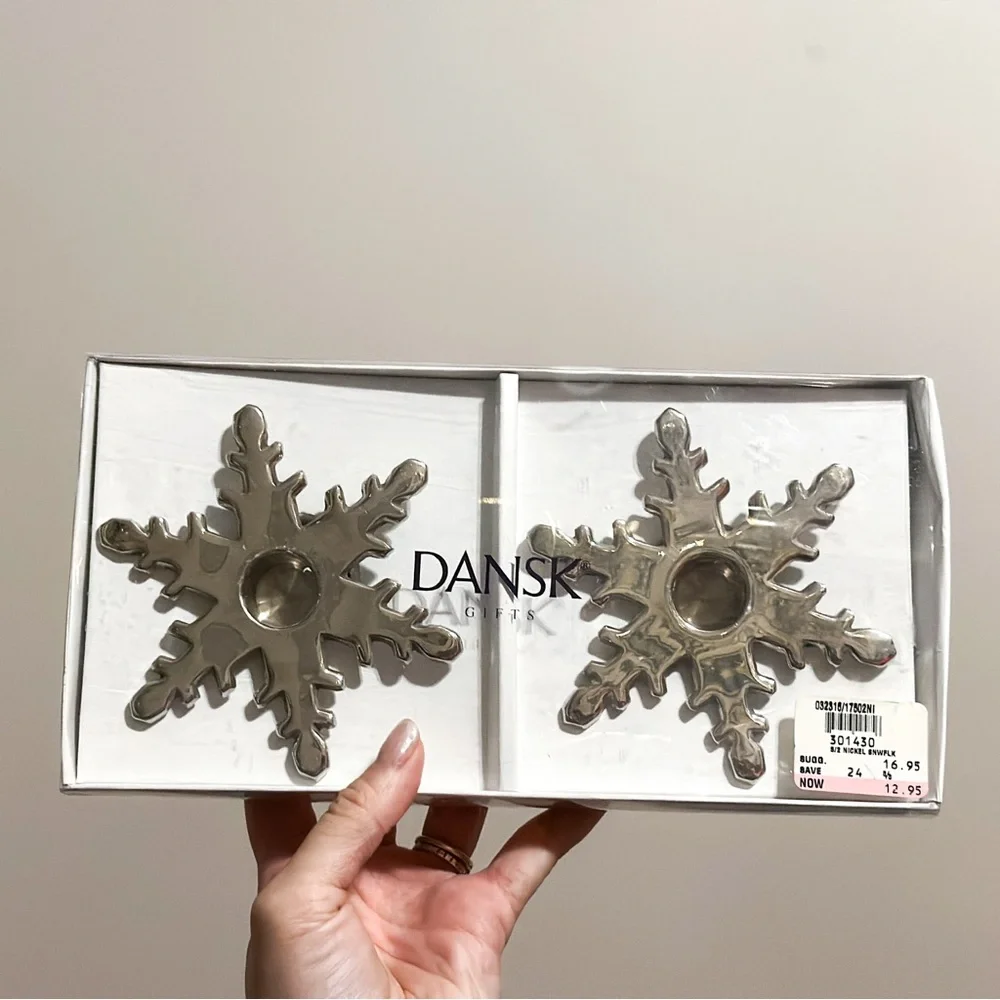 Dansk Silver Snowflake Candle Holders Set of 2 Nickel Plated Taper Holders MCM